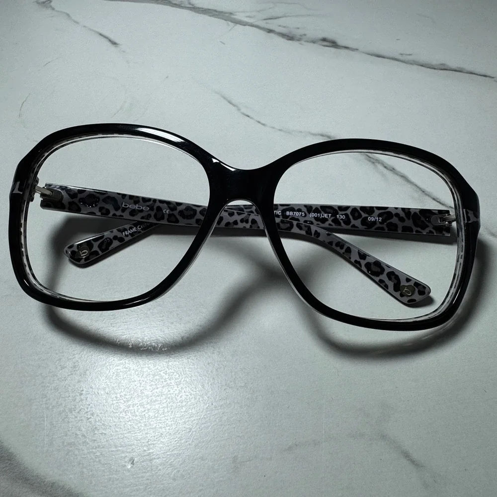 Bebe Exotic BB7075 Jet Black Grey Leopard Print Square Eyeglasses Frames 130